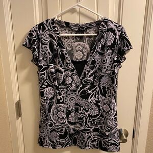 JKLA California M L Top Black White Stretch Blouse Short Sleeve Shirt Large Lg